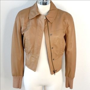 $600 Runway Catherine Malandrino Leather Jacket Bomber all saints Tan Camel
